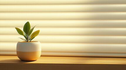 Soft light filtering through window blinds casting gentle shadows on potted green houseplant, creating serene indoor ambiance with minimalist home styling