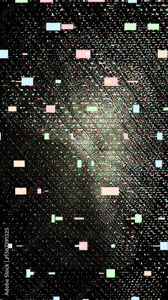 Poster a swirling mass of tiny colored dots forming a glitchy face silhouette on a black background, blendi