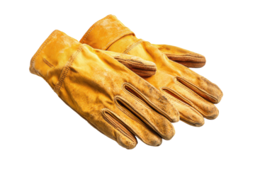 Worn leather gloves resting on a clean surface after a day of outdoor chores in late afternoon light isolated on transparent background