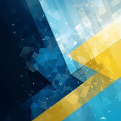 A modern, abstract background with geometric overlapping hexagons and triangles in a gradient of blue, white, and soft yellow tones