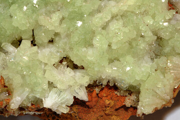 Mineral Adamite, Pale green crystals on an ochre matrix, Ojuela mine, Mapimi, Durango, Mexico