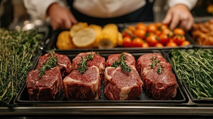 Naklejka premium Raw beef steaks on display with herbs and vegetables.