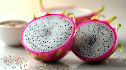 Obraz premium Fresh Dragon Fruit Halves on Light Surface with Seeds