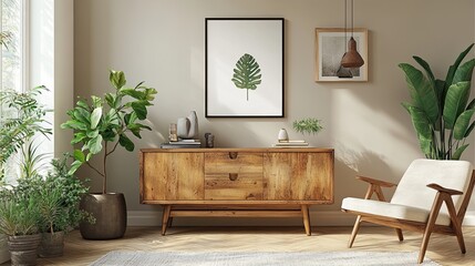 Cozy living room with mock-up poster, wooden commode, books, plants, sculpture, and accessories. 