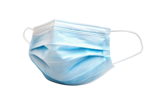 A single blue surgical mask rests delicately on a plain white surface, symbolizing health awareness isolated on transparent background