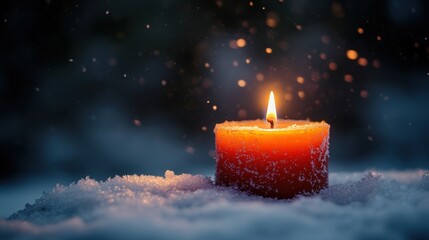 Candle in snow at night winter scene photography calm atmosphere close-up serenity concept