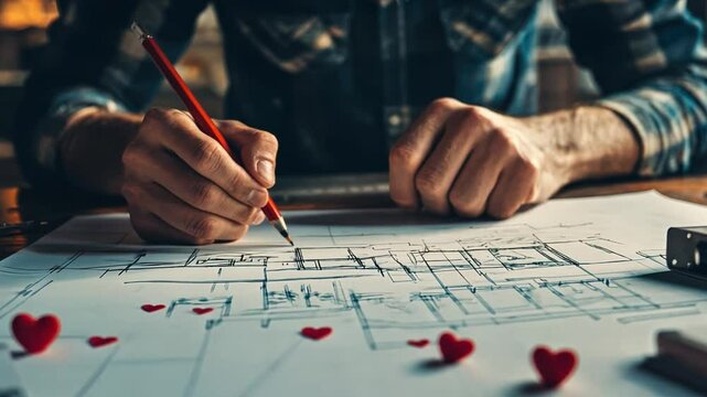 A close-up of an architect hand sketching designs on a blueprint, with drafting tools scattered on the desk.