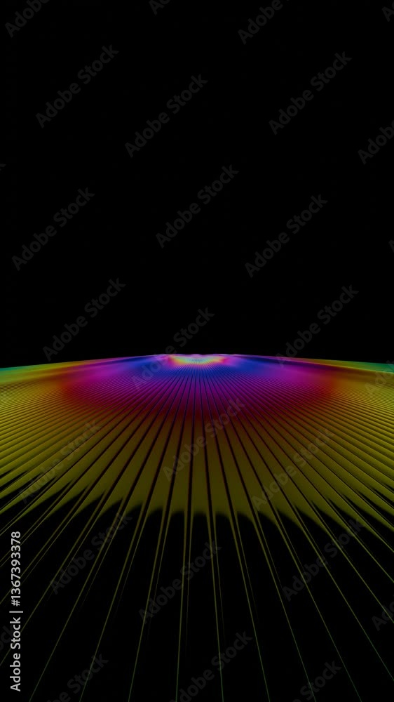Poster vibrant rainbow lines radiate across a dark background, forming a fluid wave-like surface with brigh