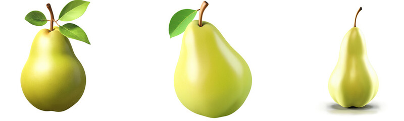 Pear set with whole, sliced, and halved fruits, leaves, and branches. High-quality PNG, transparent background, cut-out design elements for branding, packaging, or digital projects.

