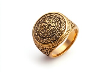 Elegant gold signet ring with intricate floral design on a white background isolated on transparent background