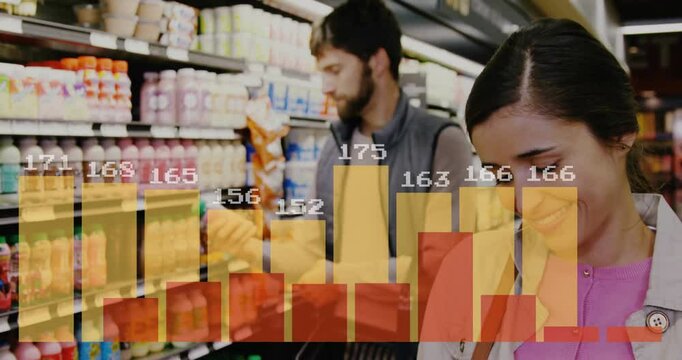 People shopping in grocery store with bar graph animation overlay
