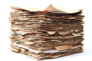 A tall stack of aged paper documents on a white background