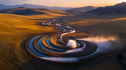Irrigation water flows aerially irrigating farmland creating circular patterns in arid landscape rural scene at sunset