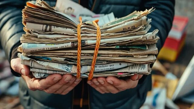 A close-up of hands holding a bundle of newspapers tied with string, ready for recycling.