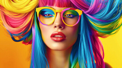 Fashion portrait with a colorful wig and trendy eyewear against a yellow background