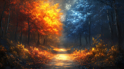 A beautiful landscape with a path leading to a tree with red leaves