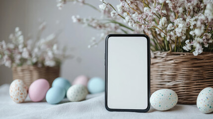 Smartphone with blank screen placed on soft white fabric surrounded by flowers and candles, romantic and relaxing composition for beauty or wellness concept. Banner with copy space,mockup