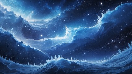 A magnificent frozen galaxy, filled with sweeping ice-blue nebulas and sparkling crystal-like star clusters. The serene atmosphere exudes a cold yet mesmerizing beauty