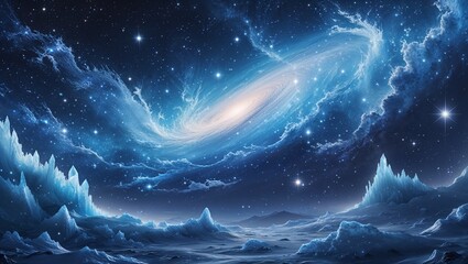 A magnificent frozen galaxy, filled with sweeping ice-blue nebulas and sparkling crystal-like star clusters. The serene atmosphere exudes a cold yet mesmerizing beauty