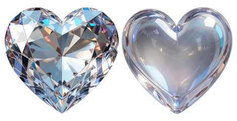 Fototapeta premium Faceted Diamond Heart and Smooth Glass Heart on Transparent Background