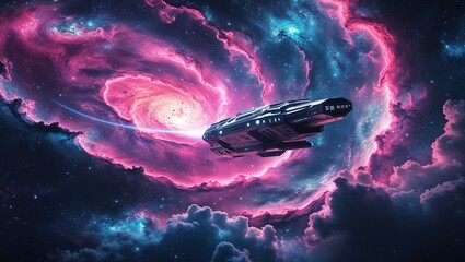 "A massive galaxy with vibrant nebula clouds, glowing in shades of pink and blue. A futuristic spaceship travels through its spiral arms, leaving a glowing energy trail. Stunning celestial scenery