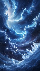 A magnificent frozen galaxy, filled with sweeping ice-blue nebulas and sparkling crystal-like star clusters. The serene atmosphere exudes a cold yet mesmerizing beauty
