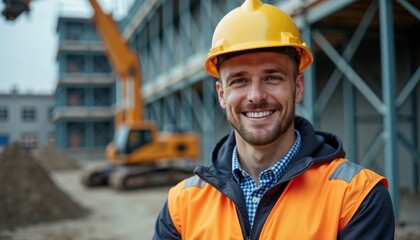 Smiling construction worker with hard hat and safety vest at a building site background.
