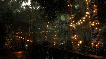 Enchanted forest scene with illuminated trees and cozy cabin amidst lush greenery at dusk