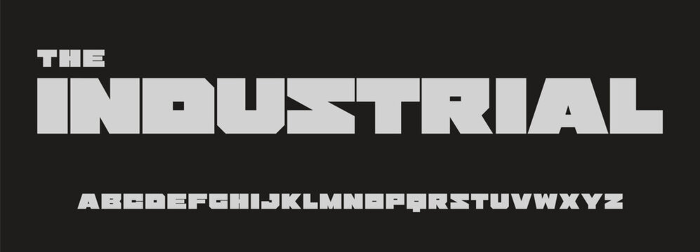 Heavy industrial font, brutal geometric letters, modernist geometrical alphabet for power bold headlines, massive lettering, military branding, urban tech logo. Vector typeset