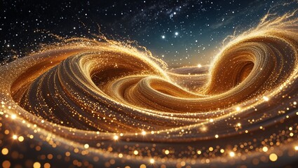 A mesmerizing galaxy of swirling gold dust against the backdrop of the night sky. This celestial masterpiece is captured in an exquisite painting, showcasing intricate details of shimmering stars 