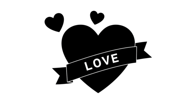 Isolated Black Heart with 'LOVE' Banner Graphic