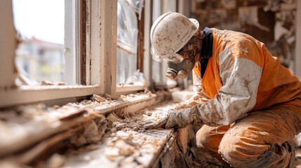 Demolition worker in PPE removing debris from window frame.