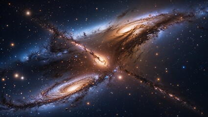 Two galaxies colliding in deep space, their cosmic dance unleashing massive bursts of energy, sending cosmic debris flying in all directions and distorting gravitational waves. 