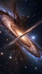 Two galaxies colliding in deep space, their cosmic dance unleashing massive bursts of energy, sending cosmic debris flying in all directions and distorting gravitational waves. 