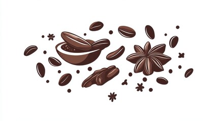 Obraz premium Delightful Composition of Coffee Beans, Cocoa Pods, and Star Anise with a Chocolate Bar Surrounded by Coffee Features in a Minimalist Design