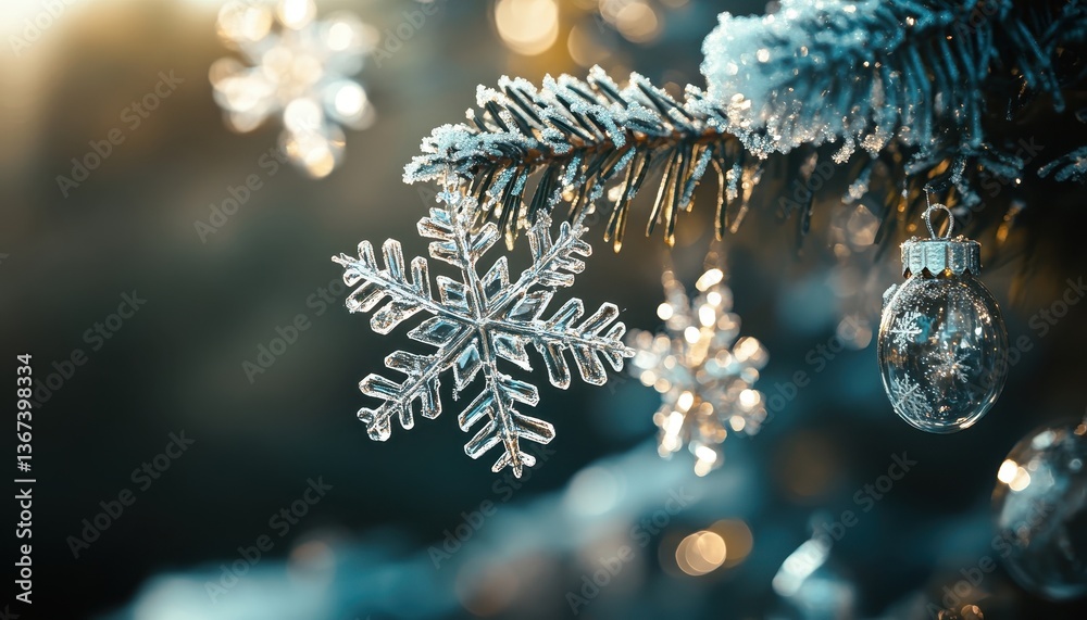 Aufkleber Closeup of an Intricate Snowflake on a Snowy Fir Branch