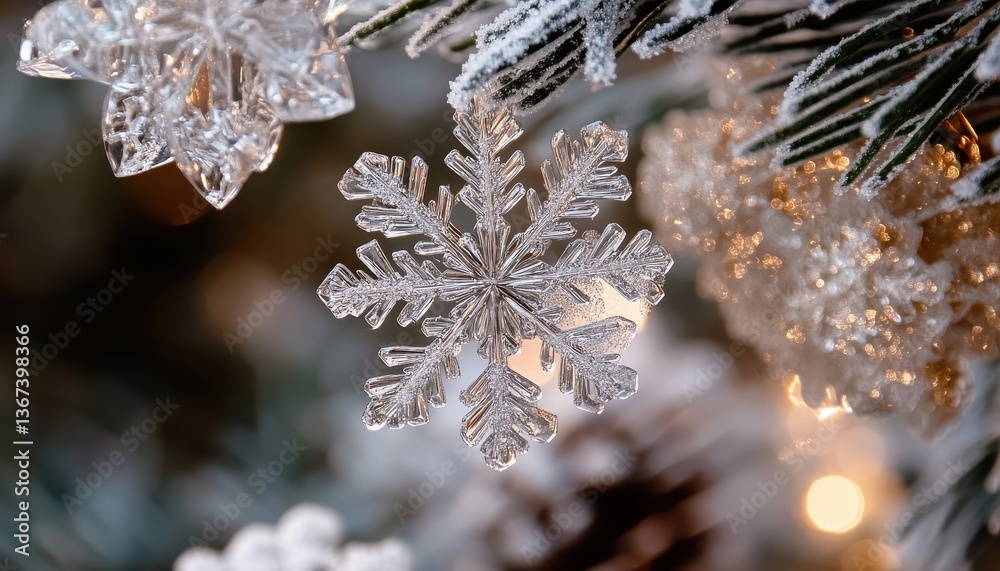 Poster closeup of crystal snowflake ornament on snowy christmas tree branch