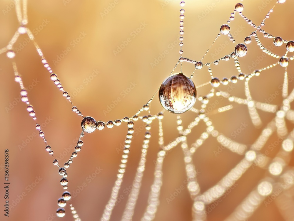 Poster closeup of dew drops on spiderweb with golden light