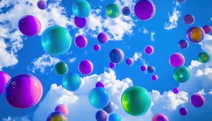 Colorful Bubbles Floating in a Bright Blue Sky with Fluffy White Clouds