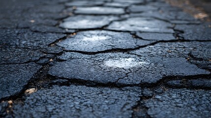 Close-up view of cracked asphalt road surface showing significant deterioration and wear with visible fissures and texture detail.