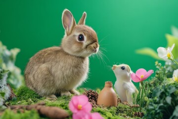 Fototapeta premium A cute bunny shares space with a small avian figurine
