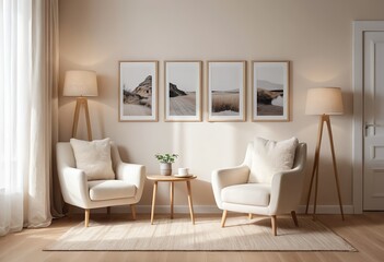 Cozy Living Room Interior with White Armchairs and Landscape Prints