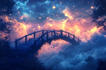 A bridge made of mist, spanning across a river of stars that shimmer under a celestial sky