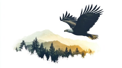Naklejka premium Majestic Eagle Soaring Over a Mountain Forest at Sunrise