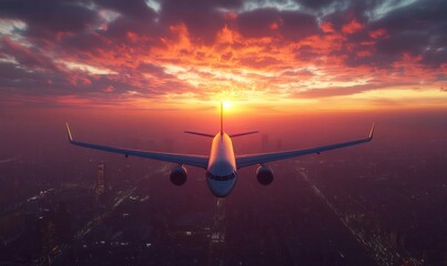 flight over the megapolis at sunset