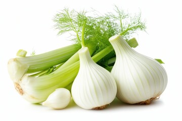 Fresh vegetables including garlic and celery arranged artistically for culinary inspiration isolated on transparent background