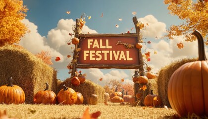 Fall Festival Sign with Pumpkins and Hay Bales