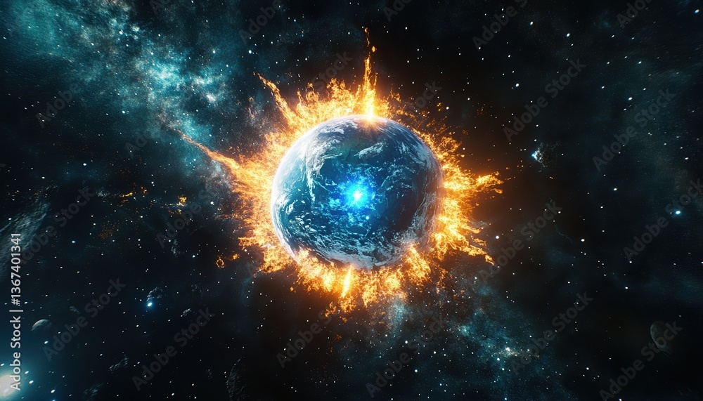 Poster fiery planet explosion in deep space