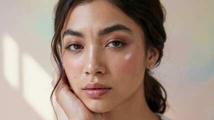 Naklejka premium A close-up photograph of a woman with a natural makeup look