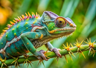 Obraz premium Chameleon Camouflage: Thorny Branch Masterpiece - Stunning Wildlife Stock Photo